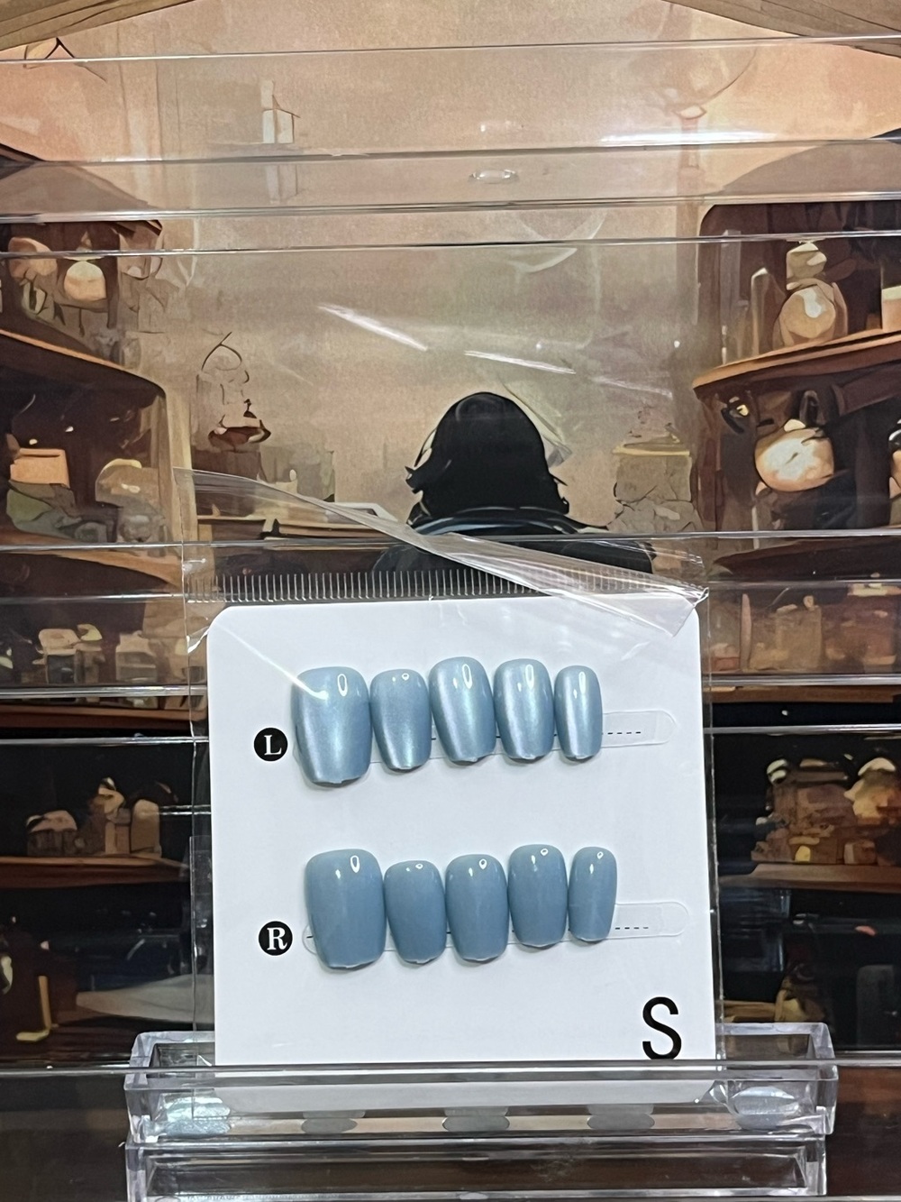 Press-On Nail Set in Dusty Blue cat eye coffin